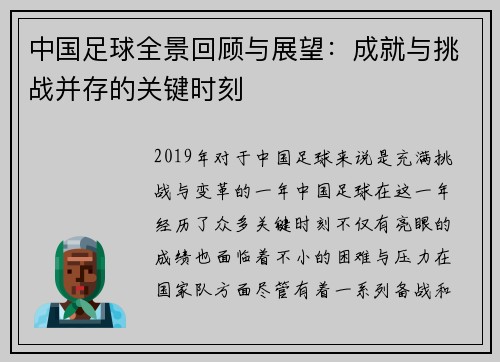 中国足球全景回顾与展望：成就与挑战并存的关键时刻