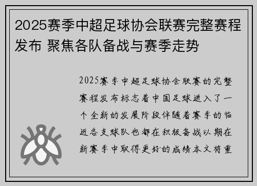 2025赛季中超足球协会联赛完整赛程发布 聚焦各队备战与赛季走势