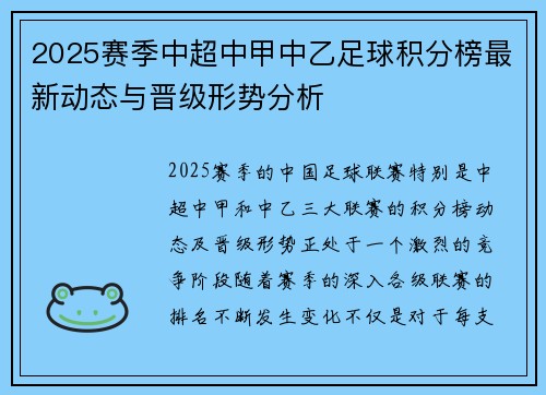 2025赛季中超中甲中乙足球积分榜最新动态与晋级形势分析