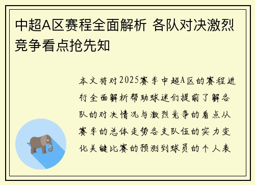 中超A区赛程全面解析 各队对决激烈竞争看点抢先知