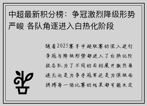 中超最新积分榜：争冠激烈降级形势严峻 各队角逐进入白热化阶段